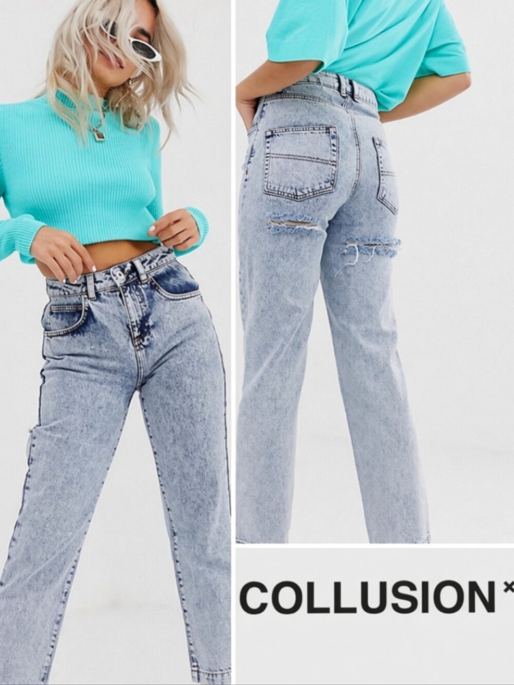 ASOS Collusion High Waist Bum Rip Jeans, Acid Wash, 25 Petite 100% Cotton